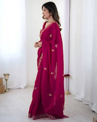 Pink party wear fandy satin silk blend saree with embroidery work in 7 colors 4