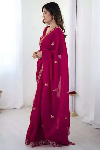 Pink party wear fandy satin silk blend saree with embroidery work in 7 colors