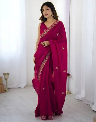 Pink party wear fandy satin silk blend saree with embroidery work in 7 colors 5