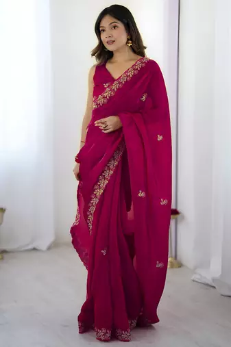 Pink party wear fandy satin silk blend saree with embroidery work in 7 colors