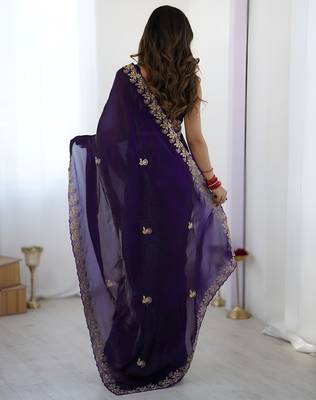 Purple party wear fandy satin silk blend saree with embroidery work in 7 colors 2