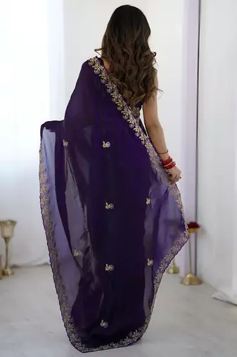 Purple party wear fandy satin silk blend saree with embroidery work in 7 colors