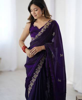 Purple party wear fandy satin silk blend saree with embroidery work in 7 colors 3