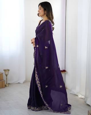 Purple party wear fandy satin silk blend saree with embroidery work in 7 colors 4