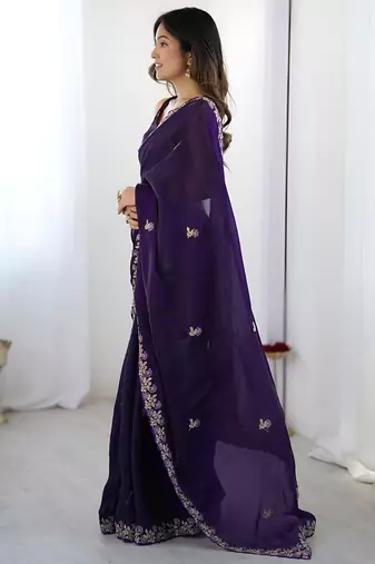 Purple party wear fandy satin silk blend saree with embroidery work in 7 colors