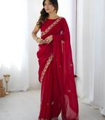 Red party wear fandy satin silk saree with embroidery work in 7 colors