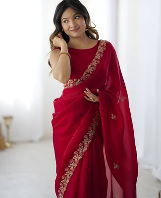 Red party wear fandy satin silk blend saree with embroidery work in 7 colors 2