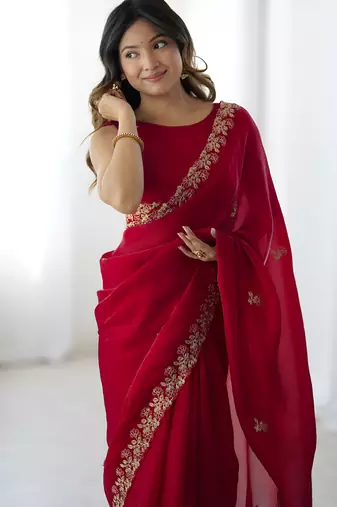 Red party wear fandy satin silk blend saree with embroidery work in 7 colors