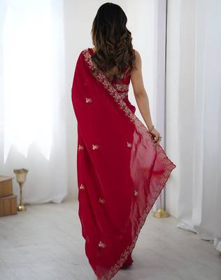 Red party wear fandy satin silk blend saree with embroidery work in 7 colors 3