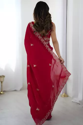 Red party wear fandy satin silk blend saree with embroidery work in 7 colors