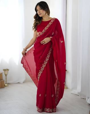 Red party wear fandy satin silk blend saree with embroidery work in 7 colors 4