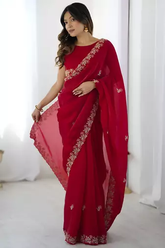 Red party wear fandy satin silk blend saree with embroidery work in 7 colors