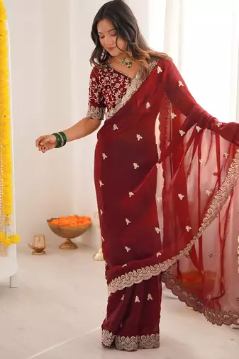 Maroon color designer fandy satin silk saree with sequins embroidery & cutwork border