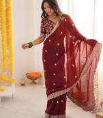 Maroon color designer fandy satin silk saree with sequins embroidery & cutwork border