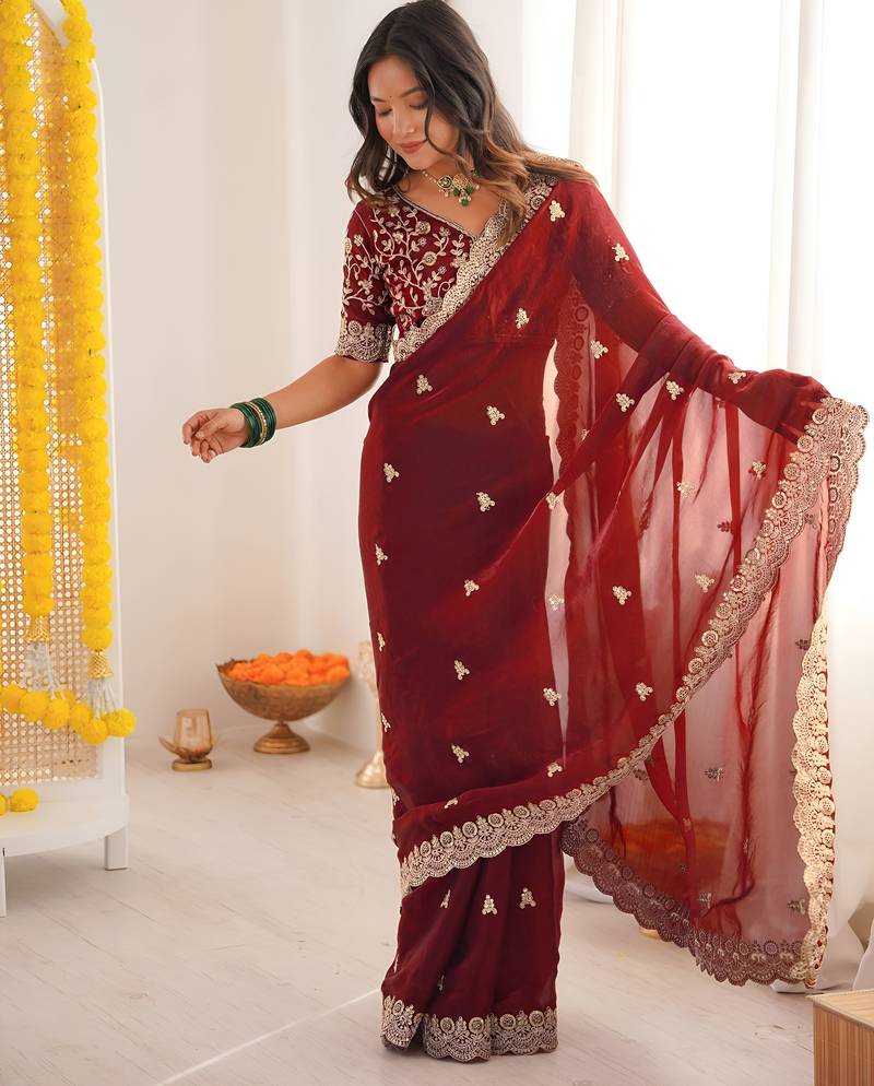 Maroon color designer fandy satin silk saree with sequins embroidery & cutwork border