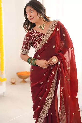 Maroon color fandy satin silk blend saree with sequins embroidery & cutwork border