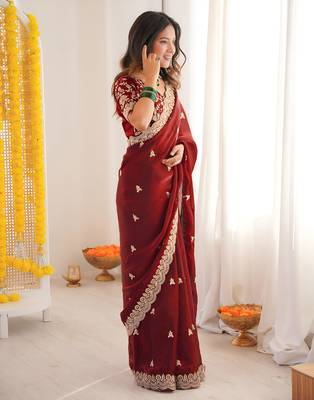 Maroon color fandy satin silk blend saree with sequins embroidery & cutwork border 3