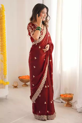 Maroon color fandy satin silk blend saree with sequins embroidery & cutwork border