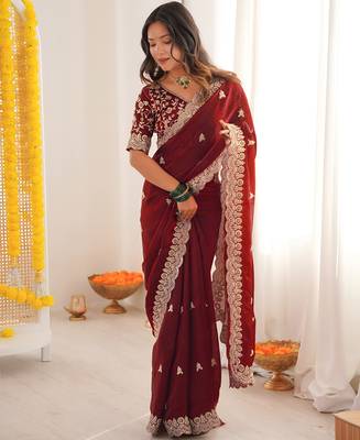Maroon color fandy satin silk blend saree with sequins embroidery & cutwork border 5