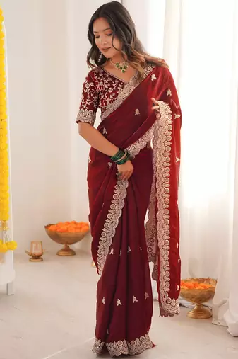 Maroon color fandy satin silk blend saree with sequins embroidery & cutwork border