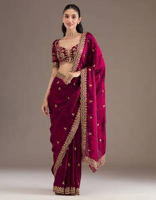 Maroon color fandy satin silk blend saree with sequins embroidery & cutwork border 1