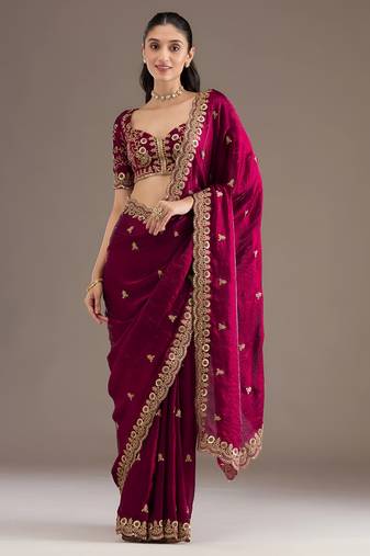 Maroon color designer fandy satin silk saree with sequins embroidery & cutwork border