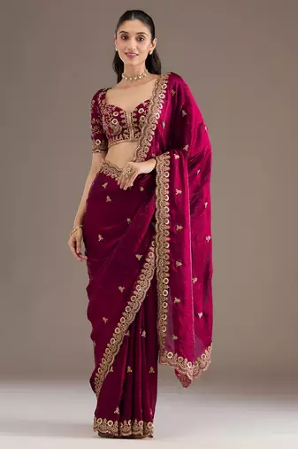Maroon color designer fandy satin silk saree with sequins embroidery & cutwork border