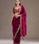 Maroon color designer fandy satin silk saree with sequins embroidery & cutwork border
