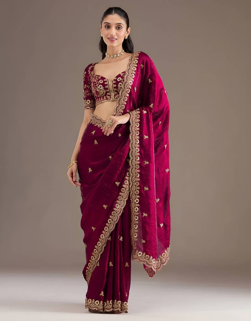 Maroon color designer fandy satin silk saree with sequins embroidery & cutwork border