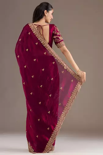 Maroon color fandy satin silk blend saree with sequins embroidery & cutwork border