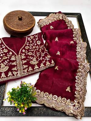 Maroon color fandy satin silk blend saree with sequins embroidery & cutwork border 3