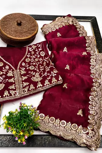 Maroon color fandy satin silk blend saree with sequins embroidery & cutwork border