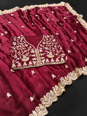 Maroon color fandy satin silk blend saree with sequins embroidery & cutwork border 4