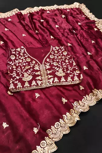 Maroon color fandy satin silk blend saree with sequins embroidery & cutwork border