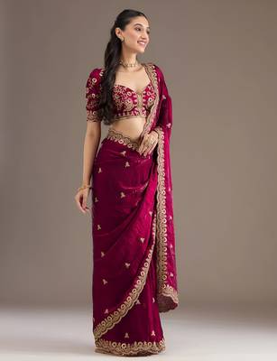 Maroon color fandy satin silk blend saree with sequins embroidery & cutwork border 5