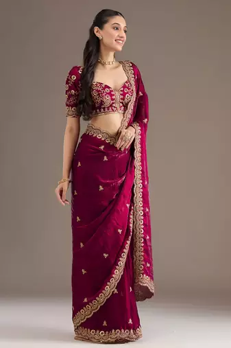 Maroon color fandy satin silk blend saree with sequins embroidery & cutwork border