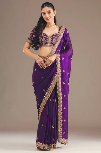 Purple color designer fandy satin silk saree with sequins embroidery & cutwork border