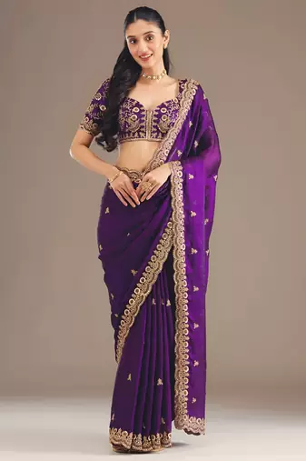 Purple color designer fandy satin silk saree with sequins embroidery & cutwork border