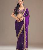 Purple color designer fandy satin silk saree with sequins embroidery & cutwork border