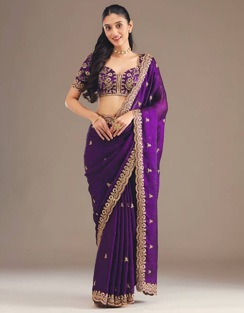 Purple color designer fandy satin silk saree with sequins embroidery & cutwork border