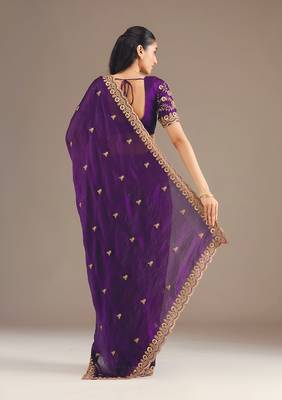 Purple color fandy satin silk blend saree with sequins embroidery & cutwork border 2