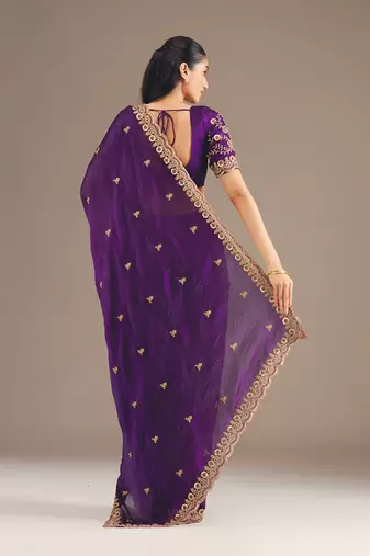 Purple color fandy satin silk blend saree with sequins embroidery & cutwork border