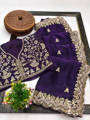 Purple color fandy satin silk blend saree with sequins embroidery & cutwork border 3