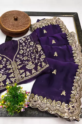 Purple color fandy satin silk blend saree with sequins embroidery & cutwork border
