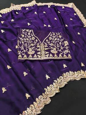 Purple color fandy satin silk blend saree with sequins embroidery & cutwork border 4