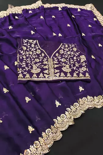 Purple color fandy satin silk blend saree with sequins embroidery & cutwork border