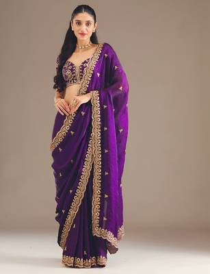 Purple color fandy satin silk blend saree with sequins embroidery & cutwork border 5