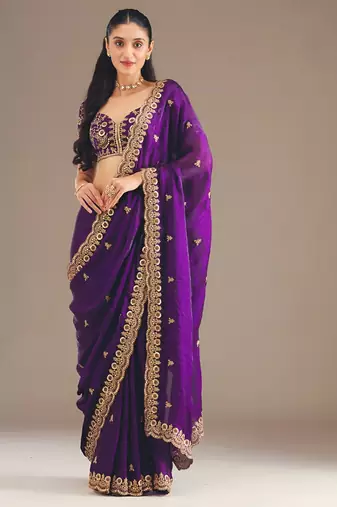Purple color fandy satin silk blend saree with sequins embroidery & cutwork border