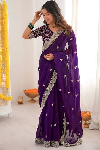 Purple color designer fandy satin silk saree with sequins embroidery & cutwork border