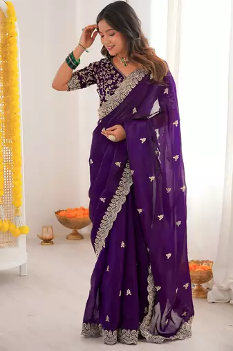 Purple color designer fandy satin silk saree with sequins embroidery & cutwork border
